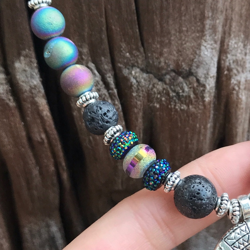 Moon bead necklace . Genuine Onyx , black lava rock druzy quartz silver choker - Picture 5 of 11